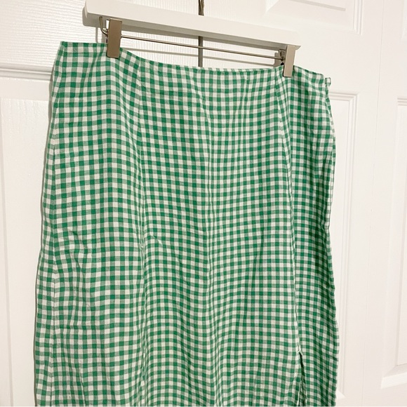 Loft Green Gingham Side Slit Midi Skirt Linen Blend Size 14 - Picture 3 of 9